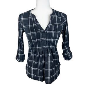 Fervour Blouse Women XXS Black White Plaid Henley Roll Tab Sleeve Casual Top